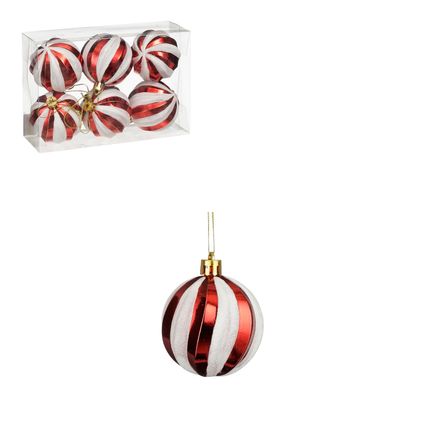 Boule de Noël plastique rouge-blanc spirale - 6 pièces