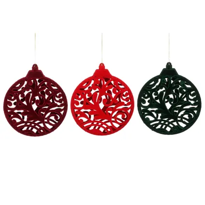 Boule de Noël velours bordeaux/vert foncé/rouge motif Ø8cm - 1 pièce