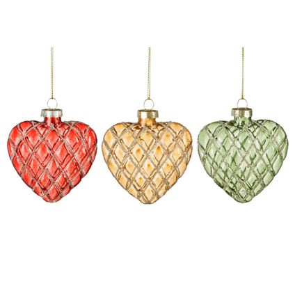 Kerstornament hart rood/groen/goud l8xb8xh3cm - 1 stuks