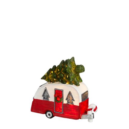 Kerstdecoratie caravan rood met LED-verlichting 18x7,5x16,5