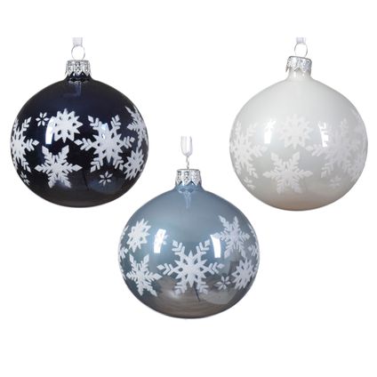 Boule de Noël Decoris blanc/bleu clair/bleu flocon de neige verre Ø8cm - 1 pièce