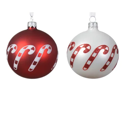 Decoris kerstbal rood/wit zuurstok glas Ø8cm - 1 stuk