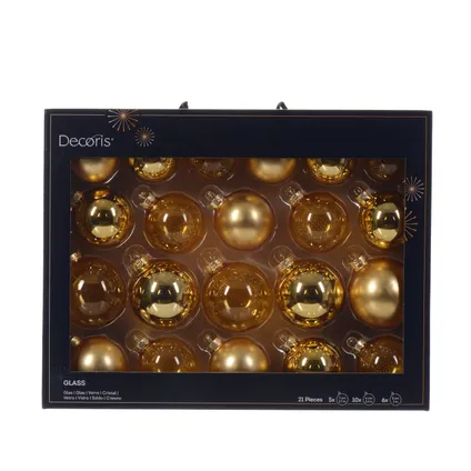 Boules de Noël Decoris mat doré/brillant/transparent verre - 21 pièces