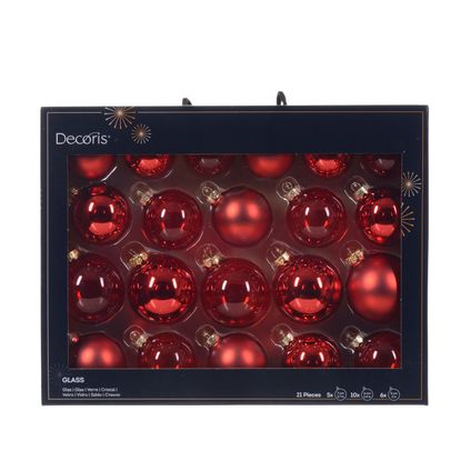 Boules de Noël Decoris rouge mat/brillant/transparent verre - 21 pièces