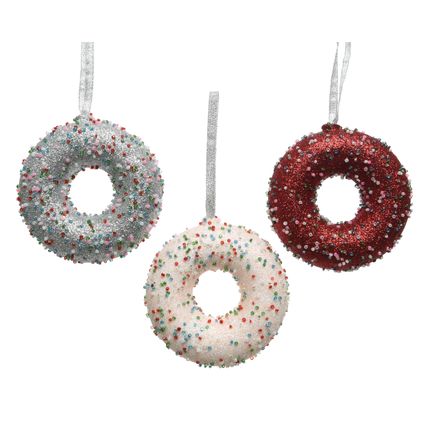 Decoris kerstornament donut zilver/rood/roze glas 8cm - 1 stuk