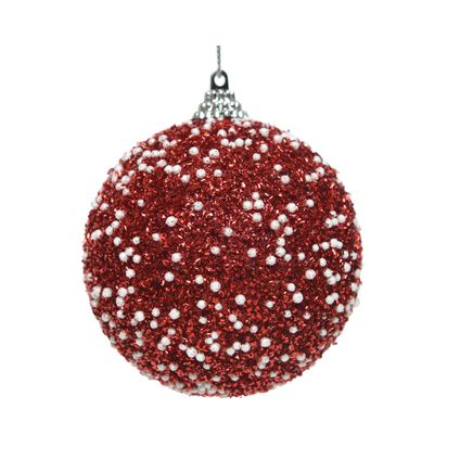 Decoris kerstbal foam rood glitter met witte stippen Ø8cm - 1 stuk