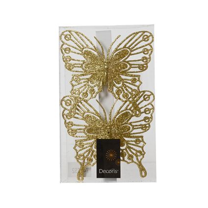 Decoris kerstornament vlinder op clip goud 11 cm- 2 stuks