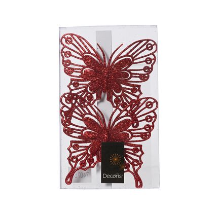 Suspension de Noël Decoris papillon sur clip rouge 11 cm- 2 pièces