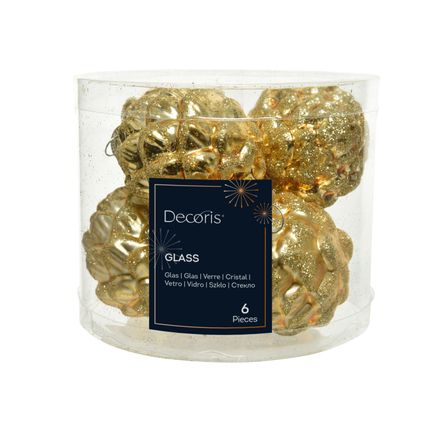 Decoris kerstornament dennenappel goud glitter/mat/glanzend glas 5 cm - 6 stuks