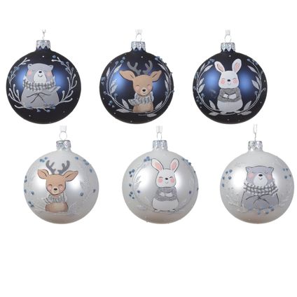Boule de Noël Decoris animaux blanc/bleu foncé verre Ø8cm - 1 pièce