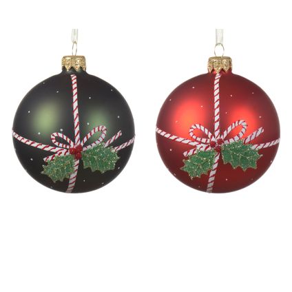 Boule de Noël Decoris noeud houx vert mat/rouge mat Ø8cm - 1 pièce