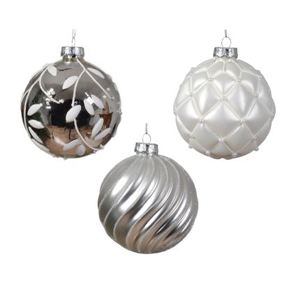 Boule de Noël Decoris divers argenté/blanc verre Ø10cm - 1 pièce