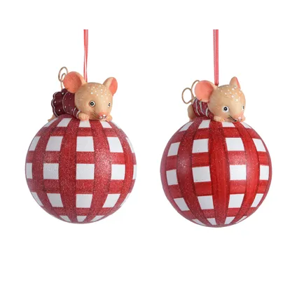 Decoris kerstbal glitter muis wit-rood geruit Ø10cm - 1 stuk