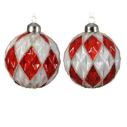 Decoris kerstbal wit-rood/rood-wit ruitpatroon glas Ø8cm - 1 stuk