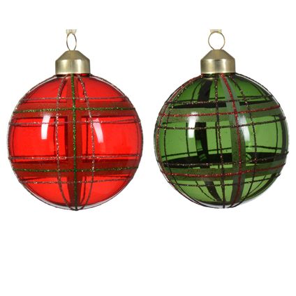 Decoris kerstbal rood/groen ruitpatroon glas Ø8cm - 1 stuk