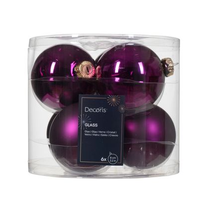 Decoris kerstballen paars mat/glanzend glas Ø8cm - 6 stuks