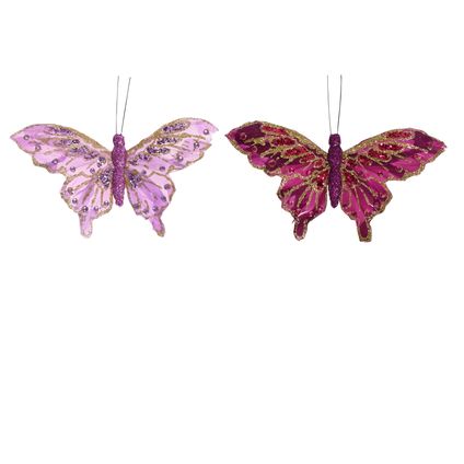 Decoris kerstornament vlinder op clip paars/lila 11 cm - 2 stuks
