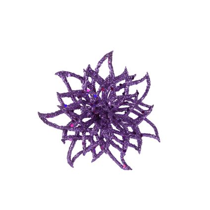 Decoris kerstornament bloem op clip paars glitter 5cm