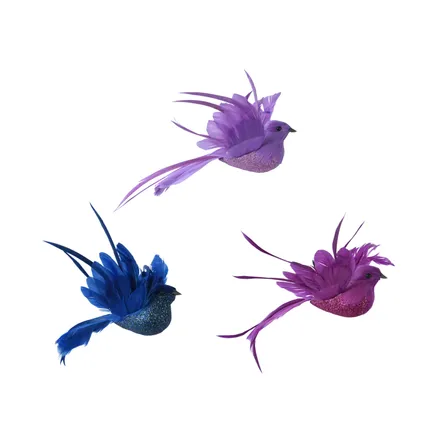 Decoris kerstornament foam vogel op clip lila/paars/blauw - 1 stuk
