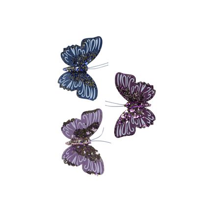 Decoris kerstornament vlinder op clip paars/lila/blauw - 1 stuk