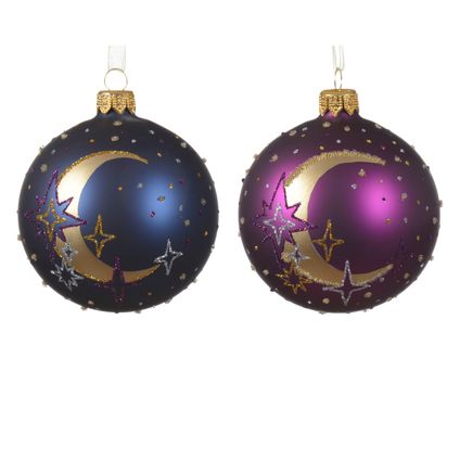 Boule de Noël Decoris lune et étoiles bleu/mauve Ø8cm - 1 pièce