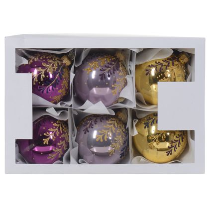 Decoris kerstbal glitter takken goud/lila/paars Ø8cm - 1 stuk