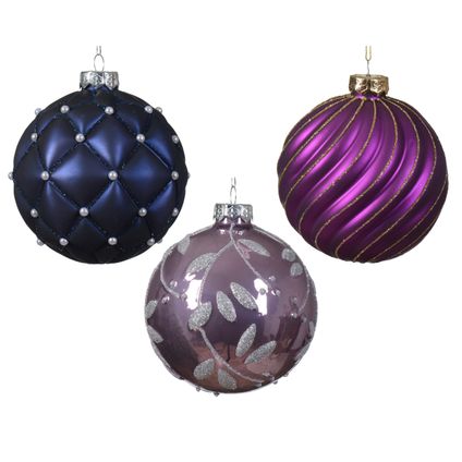 Decoris kerstbal diversen paars/donkerblauw glitter glas Ø10cm - 1 stuk