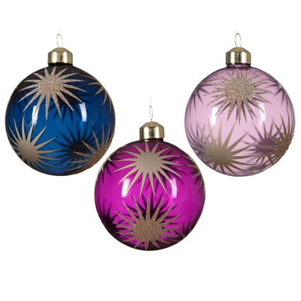 Decoris kerstbal lila/paars/blauw met gouden glitter sterren Ø8cm - 1 stuk