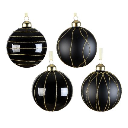 Decoris kerstbal diversen zwart met gouden glitterlijnen Ø8cm - 1 stuk