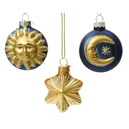 Boules de Noël étoile/soleil/lune bleu foncé/verre doré 6cm - 1 pièce
