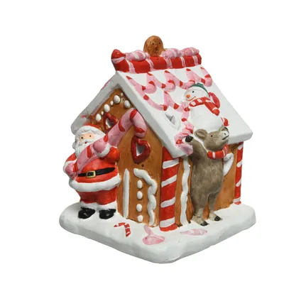 Decoris kerstdecoratie terracotta peperkoekhuisje met snoep en kerstman