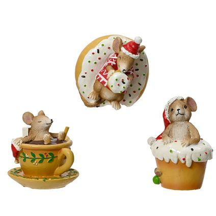 Decoris kerstbeeldje muis kopje/donut/cupcake 8,5cm
