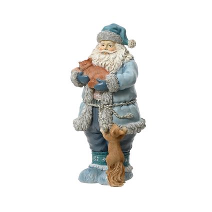 Decoris kerstbeeld kerstman blauw met vos en eekhoorn 24cm