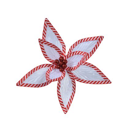 Decoris kerstornament bloem op clip rood-wit 31cm - 1 stuk