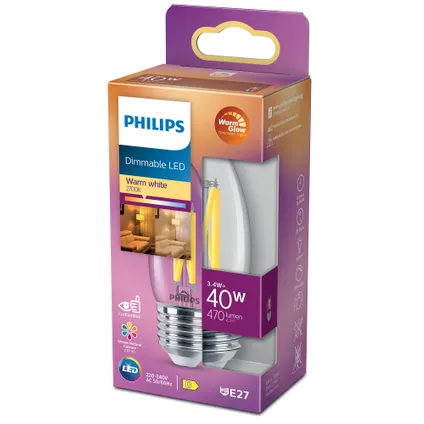 Philips ledfilamentlamp kaars E27 3,4W 5
