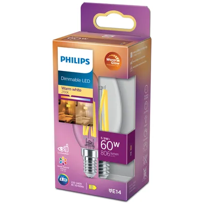 Philips ledfilamentlamp kaars E14 5,9W 5