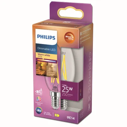Philips ledfilamentlamp kaars E14 2,5W 6