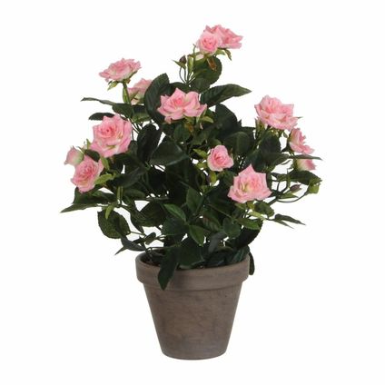 Mica Decorations Kunstplant - rozen - roze - in grijze pot - 33 cm
