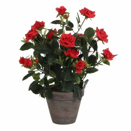 Mica Decorations Kunstplant - rozen - rood - in grijze pot - 33 cm