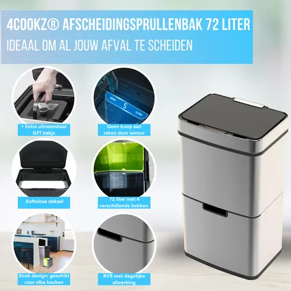 4cookz® Smart Waste RVS afvalscheidingsprullenbak met sensor 72 liter 6