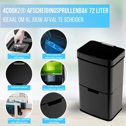 4cookz® Smart Waste Black M - Afvalscheiding Prullenbak met Sensor 72 L 5