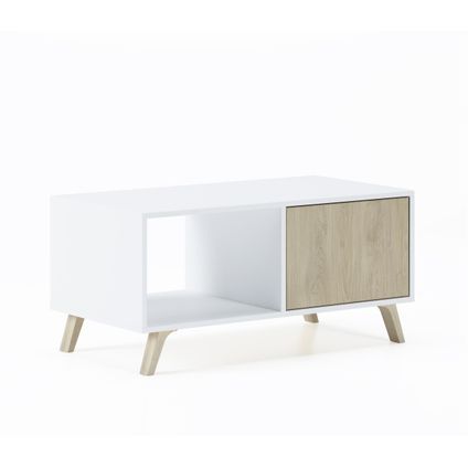 Skraut Home - Central Low Table, Windmodel, 91.5x50x45cm, Wit en eiken, Moderne stijl
