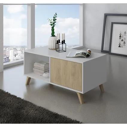 Skraut Home - Central Low Table, Windmodel, 91.5x50x45cm, Wit en eiken, Moderne stijl 2