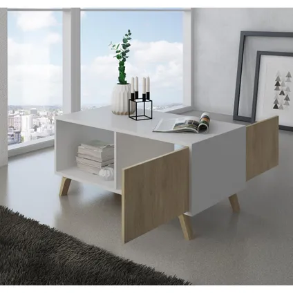 Skraut Home - Central Low Table, Windmodel, 91.5x50x45cm, Wit en eiken, Moderne stijl 4