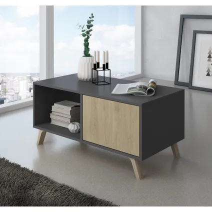 Skraut Home - Central Low Table, Windmodel, 91.5x50x45cm, Grijs en eiken, Moderne stijl 2