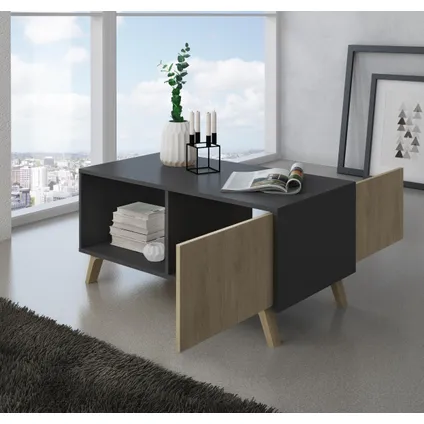 Skraut Home - Central Low Table, Windmodel, 91.5x50x45cm, Grijs en eiken, Moderne stijl 4