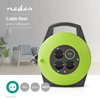 Nedis - Bobine de câble | 10,0 m | 3000 W | 16 A | H05VV-F 3G 1,5 mm² | Fusible : Oui | Vert / Noir 2