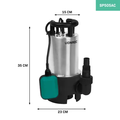 VONROC Dompelpomp RVS – Waterpomp – 850W – 14000 l/h – Voor vuil- en schoonwater – Met vlotter 3