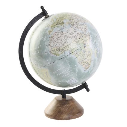 Items Deco Wereldbol/globe op voet - kunststof - blauw/zwart - 20 x 30 cm