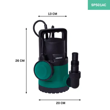 VONROC Dompelpomp/Waterpomp 300W – 6500l/h – Voor schoon en licht vervuild water – Met vlotter 2